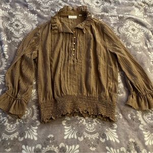 New York & Company Brown Button Up Quarter Sleeve Blouse